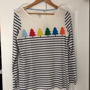 Boden top cotton Breton stripes plus Christmas tree motif, size 10US, size 14UK